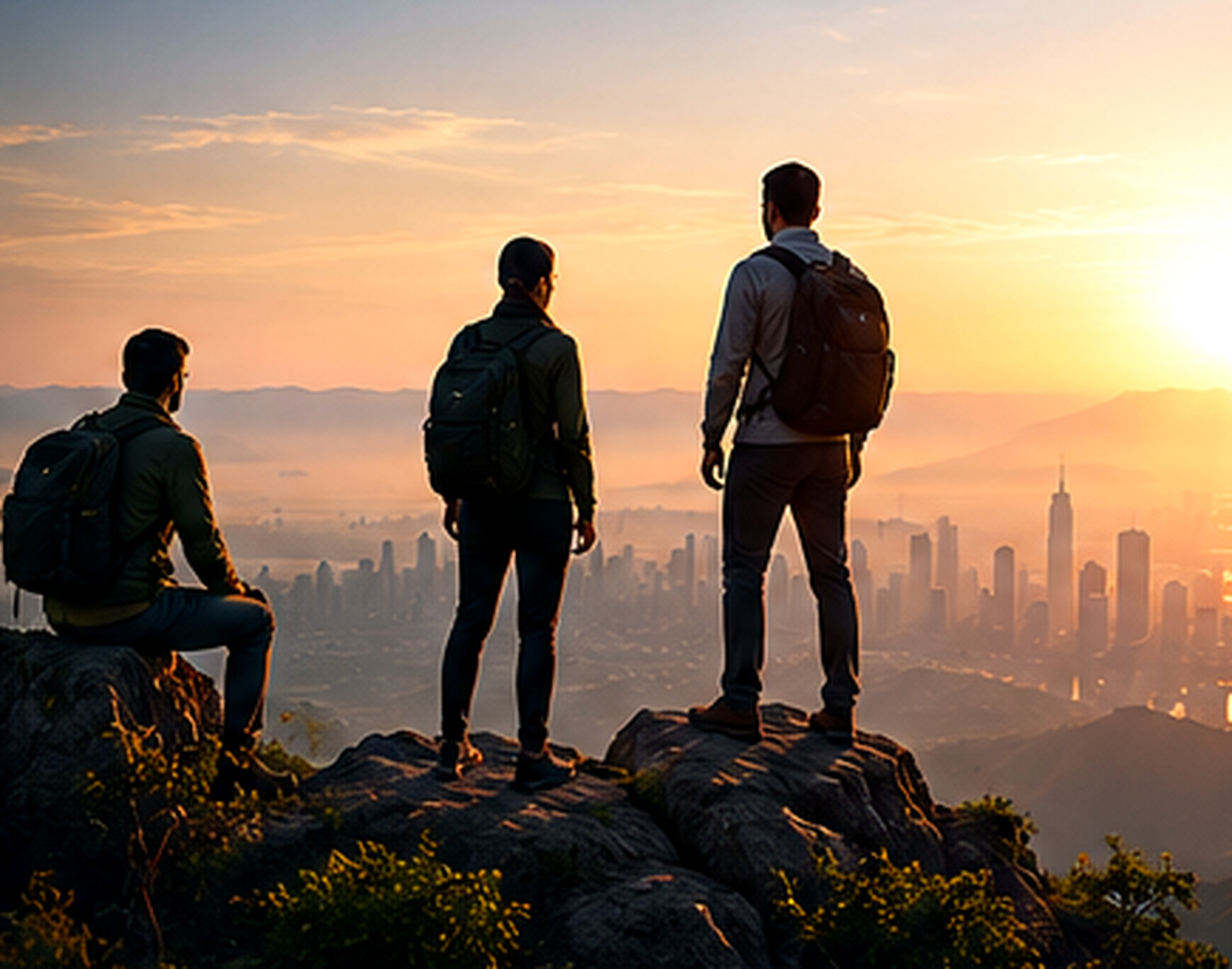 People looking towards a sunlit city skyline, evoking ambition, possibility and progress